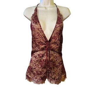 MARC BOWER Metallic Floral Lace Top Plunge Sexy Halter Burgundy Gold Size 12